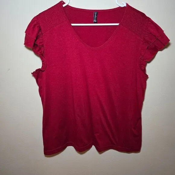 Pretty Fashion Red Ruffle Sleeve V-Neck Top Casual Summer Blouse- Size Large - Picture 1 of 9